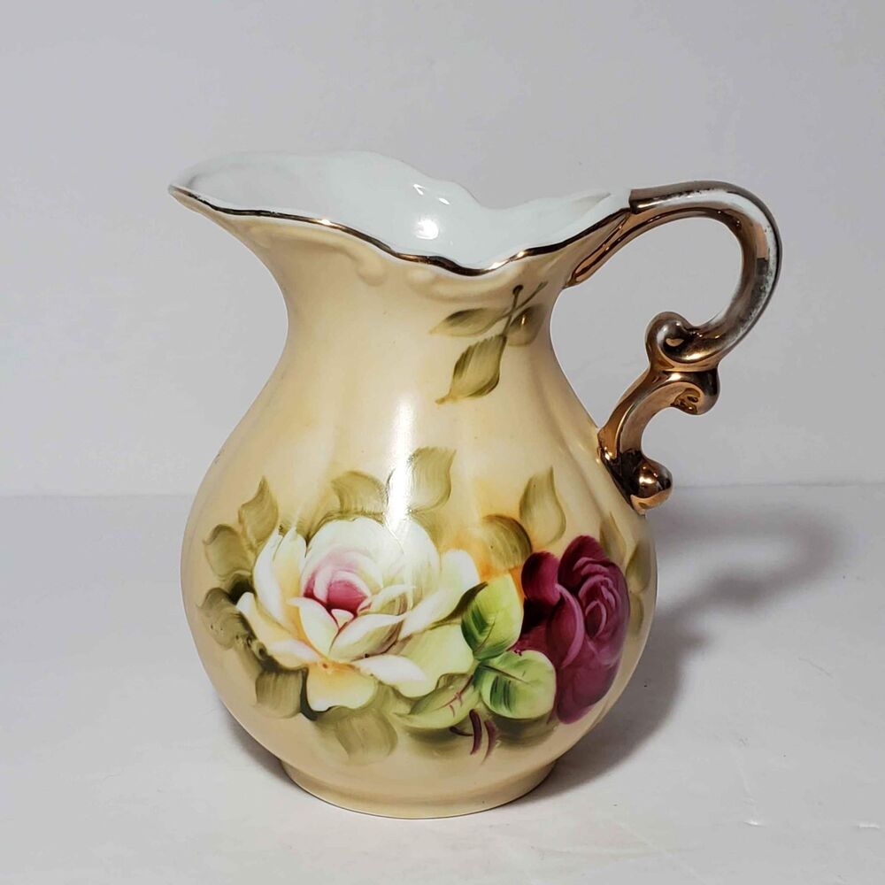 Lefton Brown Heritage Pitcher Pink White Roses Vintage